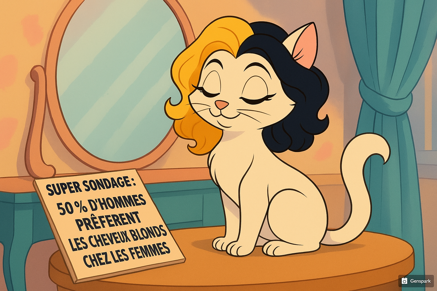 chatte devant un miroir-cheveux blonds et noirs- pour correspondre à un sondage de beauté